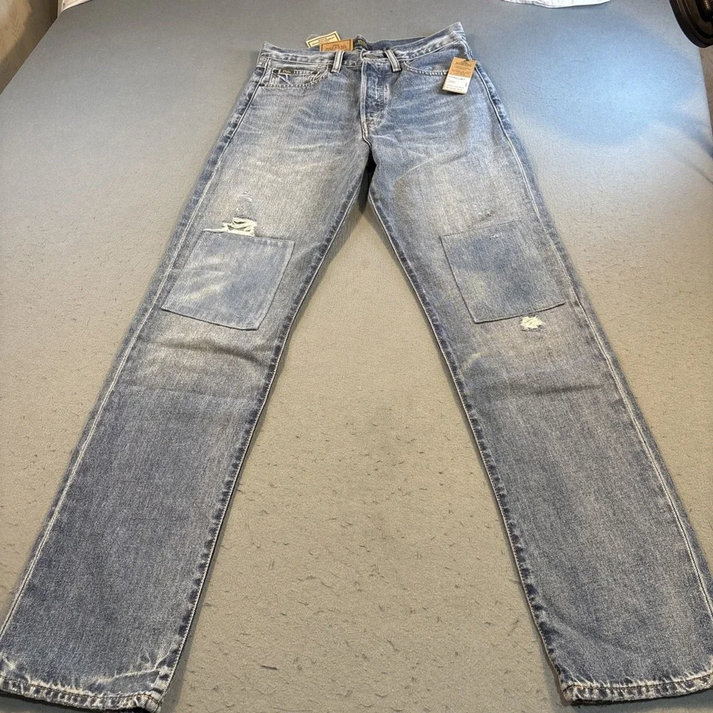 Polo Ralph Lauren Jeans Men 26x30  BLUE Relaxed Straight Patches Distressed NWT